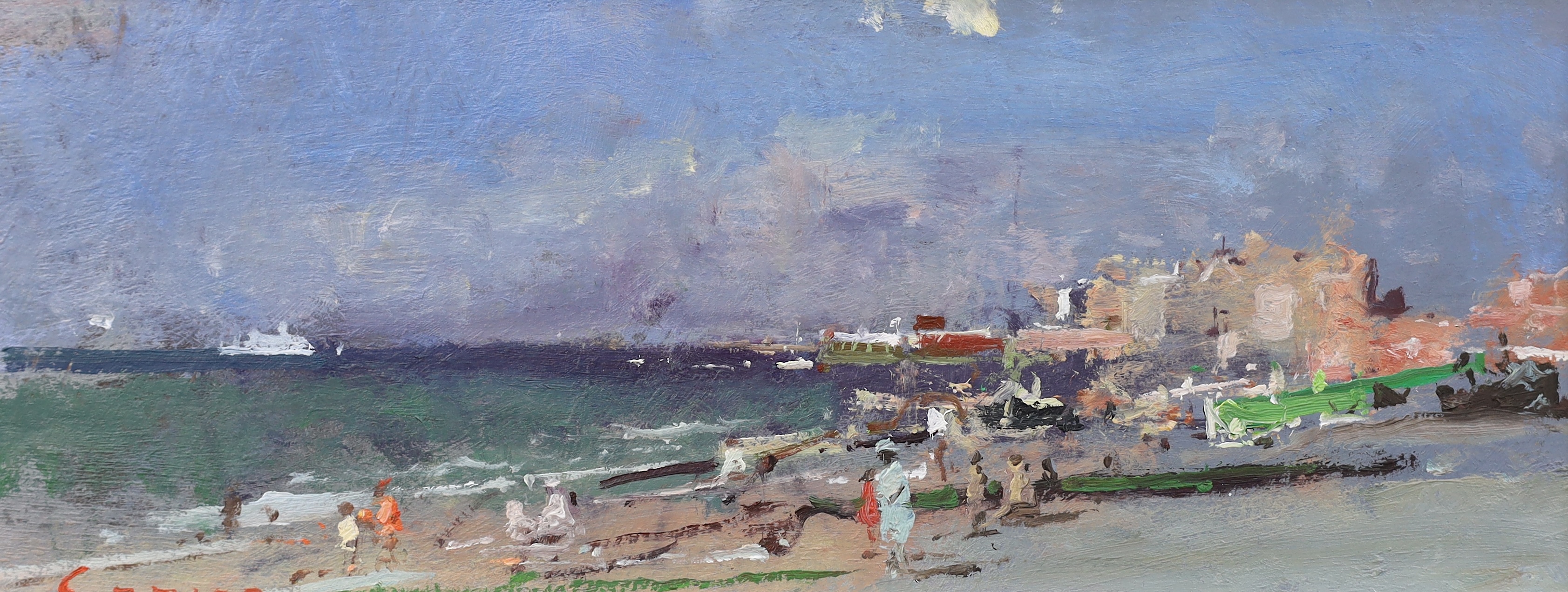 Fred Cuming RA NEAC Hon RBA Hon ROI, (English 1930-2022), ‘Holiday Memories’, oil on board, 10 x 26cm